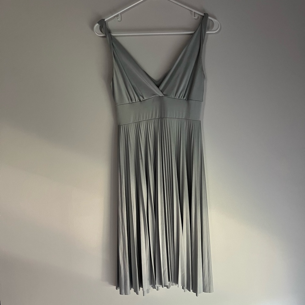 Silver pleated midi dress.